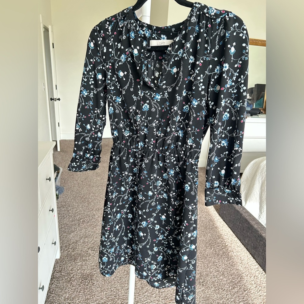 LOFT Black and Blue Floral Long Sleeve Dress